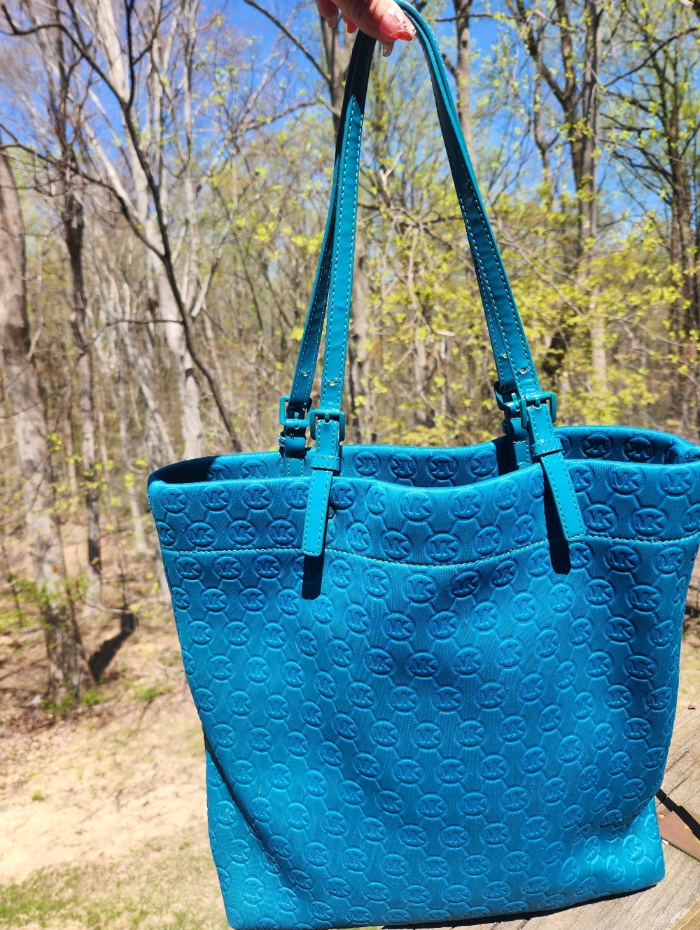 Large Michael Kors Tote JetSet Quilted Bag Turquoise Neoprene - Picture 6 of 13